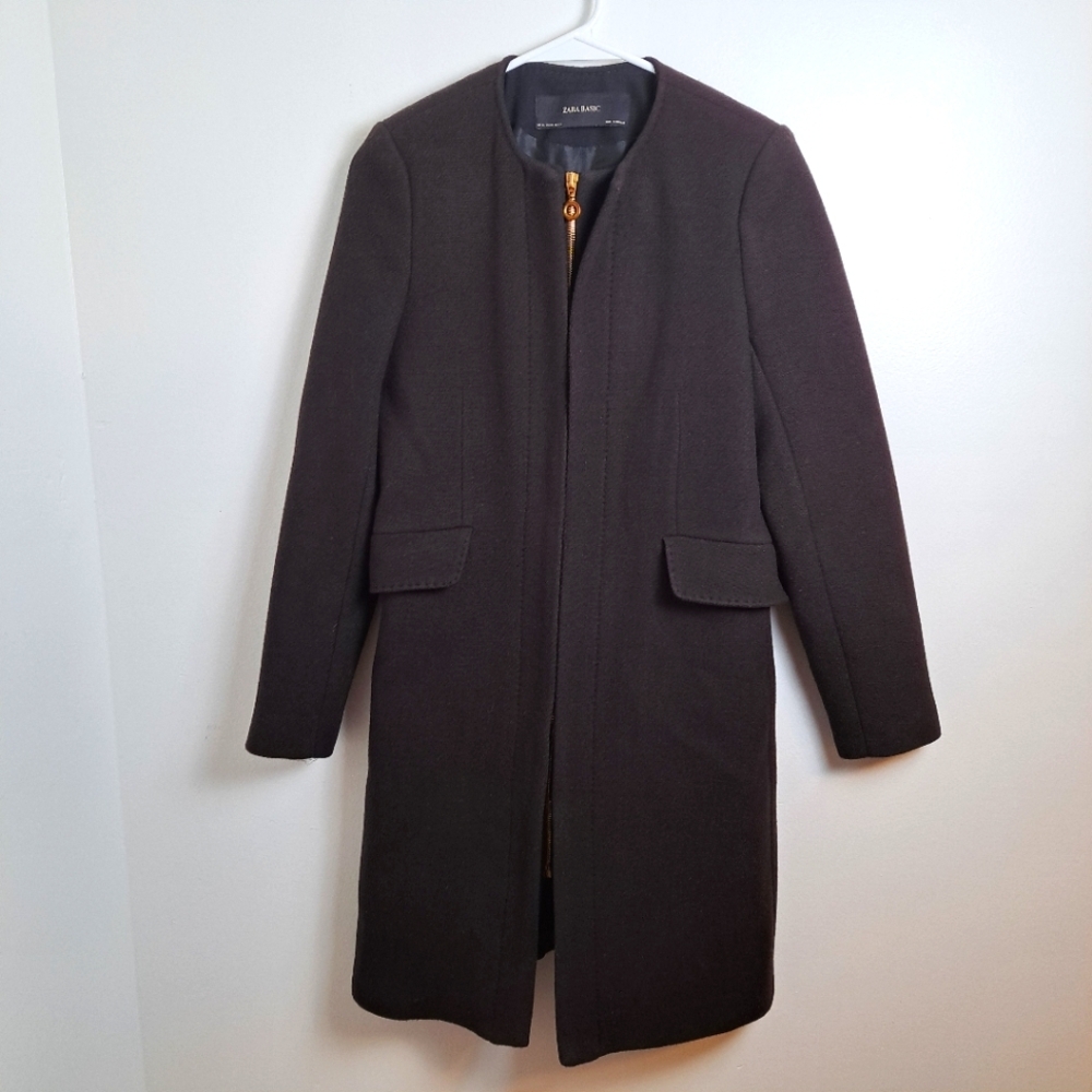 Zara Dark Taupe Wool Blend Long Zip Up Minimalist Dressy Peacoat Size XS